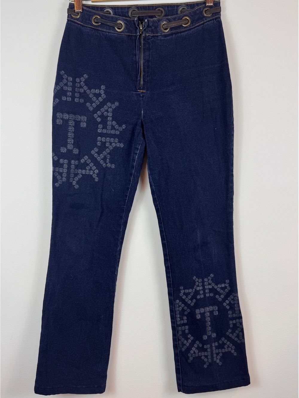 Thalia Sodi Y2K Dark Wash Denim Jeans Size 4 Grommet Waist Graphic Bootcut